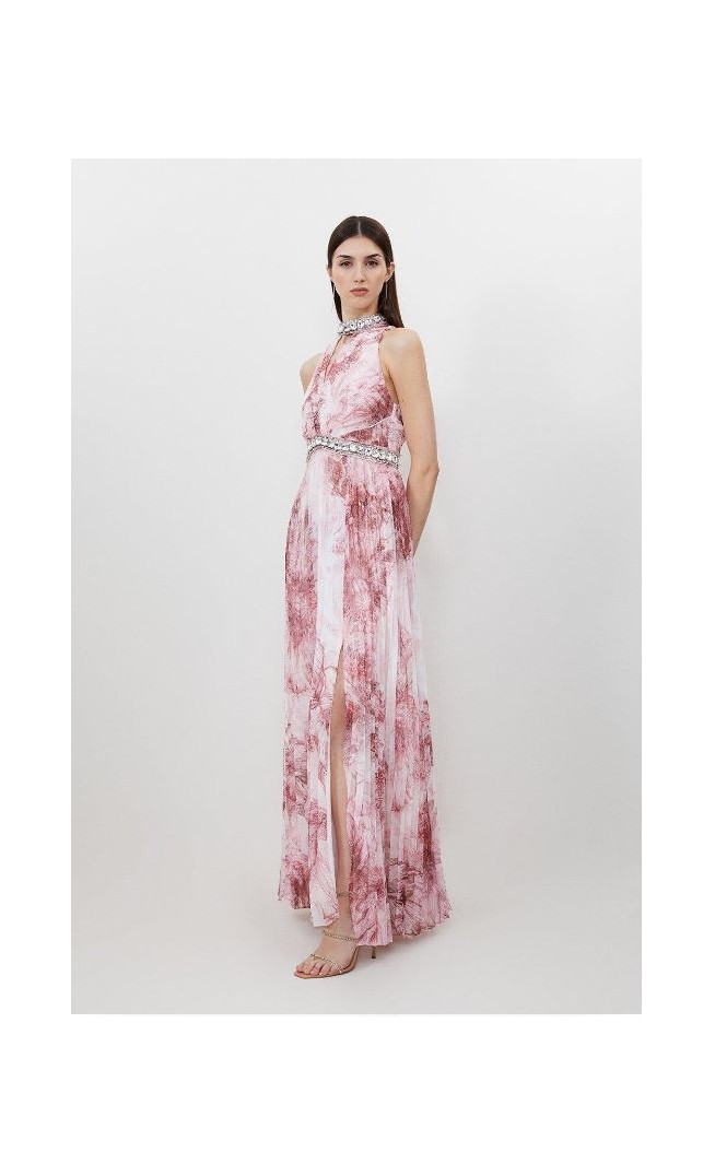 Abstract Floral Crystal Embellished Woven Split Maxi Dress