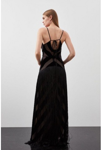 Fringed Velvet Devore Woven Maxi Dress