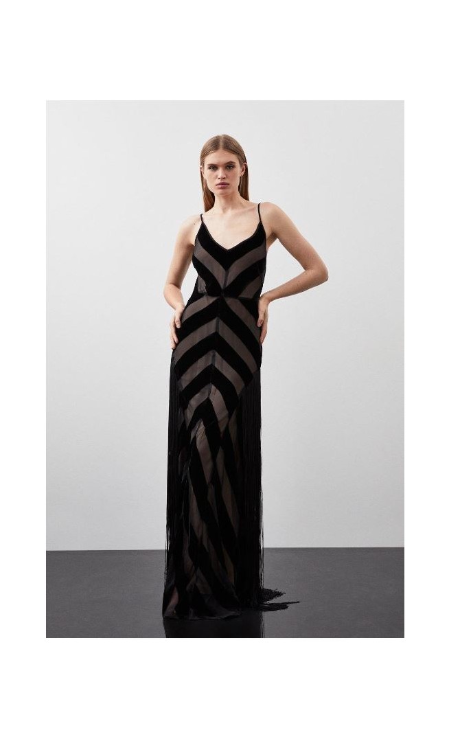 Fringed Velvet Devore Woven Maxi Dress