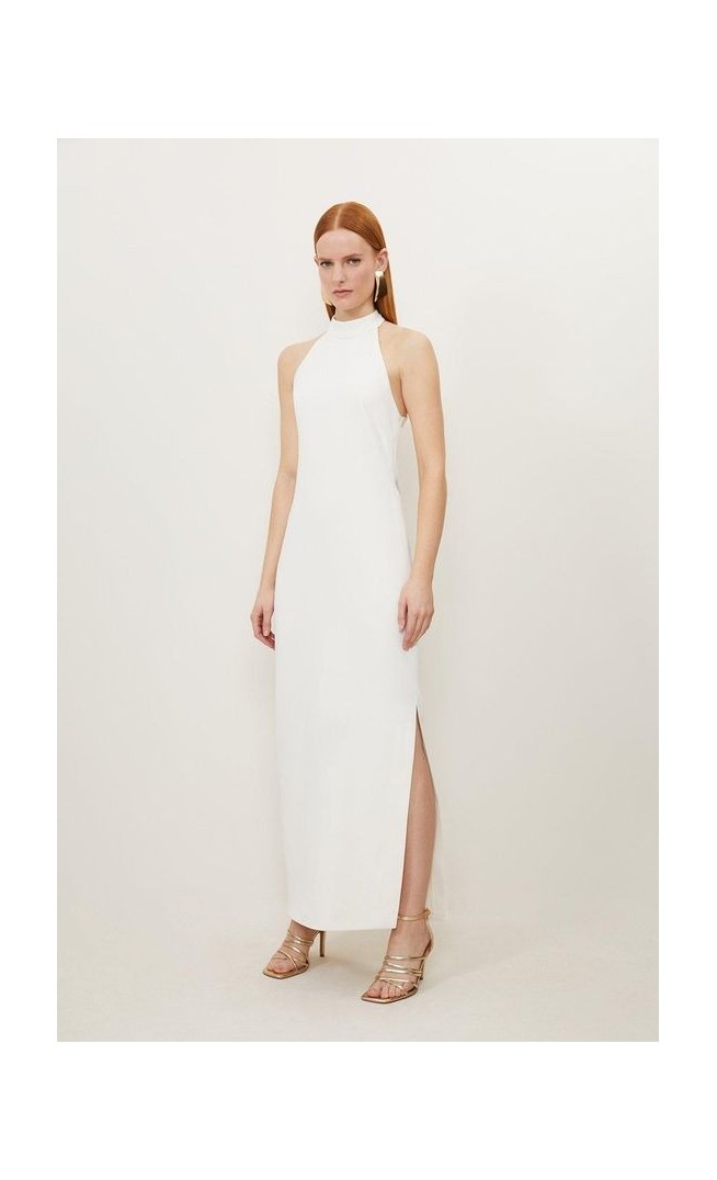 Fluid Tailored Halterneck Open Back Maxi Dress