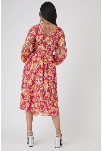 Petite Floral Metallic Spot Balloon Sleeve Midi Dress