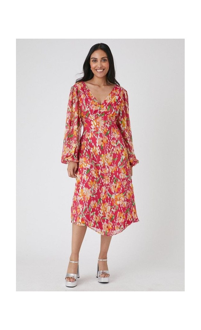 Petite Floral Metallic Spot Balloon Sleeve Midi Dress