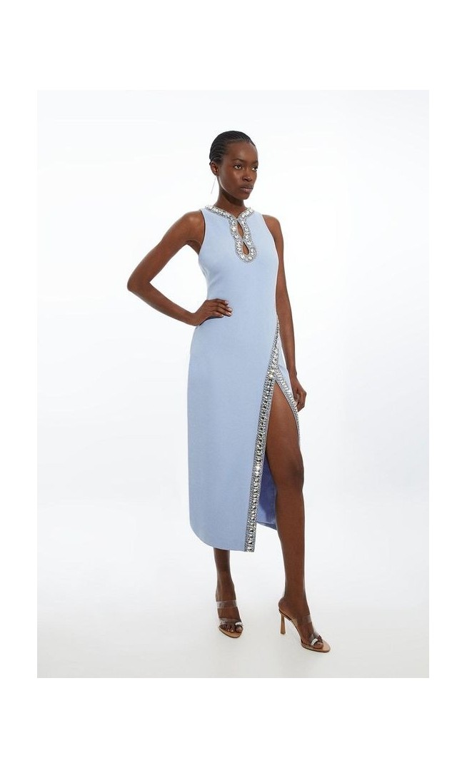 Crystal Embellished Keyhole Woven Midi Dress