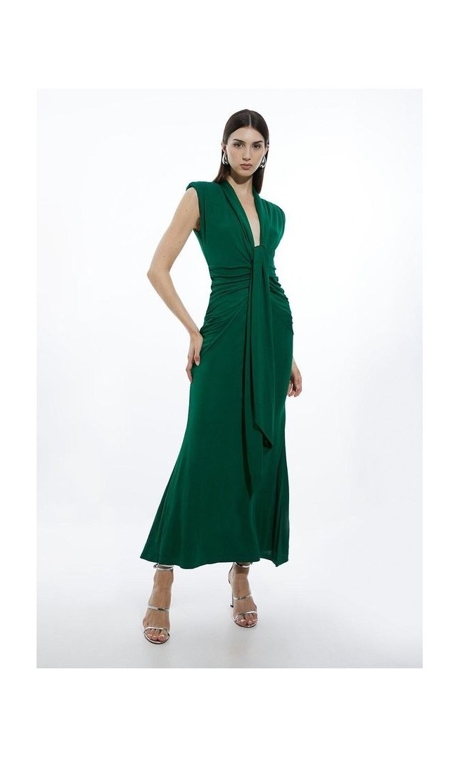 Plunge Ruched Twist Jersey Maxi Dress