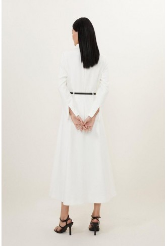 Petite Clean Tailored Pleat Detail Full Skirted Shirt Dress