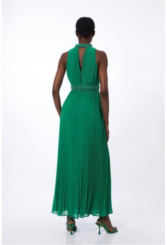 Halter Diamante Enamel Trim Woven Pleated Split Maxi Dress