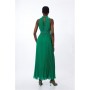 Halter Diamante Enamel Trim Woven Pleated Split Maxi Dress