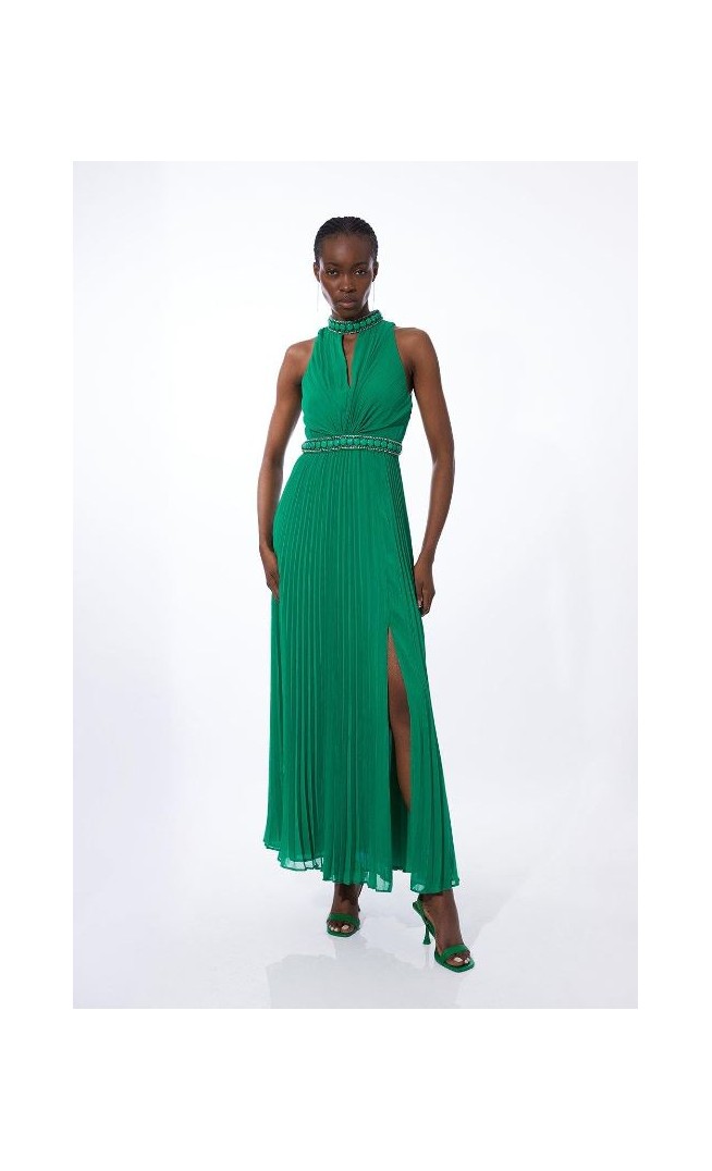 Halter Diamante Enamel Trim Woven Pleated Split Maxi Dress