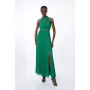 Halter Diamante Enamel Trim Woven Pleated Split Maxi Dress