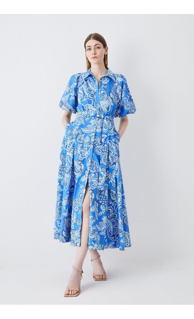 Batik Floral Cotton Panel Detail Midi Shirt Dress