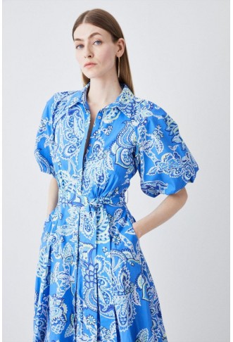 Batik Floral Cotton Panel Detail Midi Shirt Dress