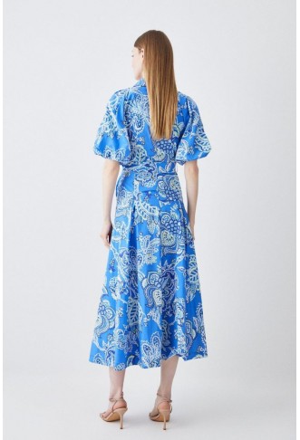 Batik Floral Cotton Panel Detail Midi Shirt Dress