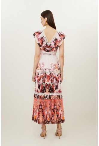 Petite Mirrored Floral Print Pleated Woven Sleeveless Maxi Dress