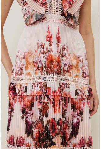 Petite Mirrored Floral Print Pleated Woven Sleeveless Maxi Dress