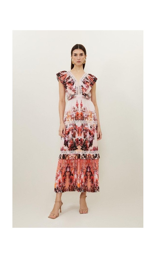 Petite Mirrored Floral Print Pleated Woven Sleeveless Maxi Dress