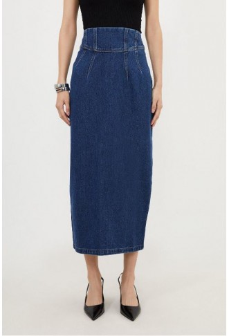 Corset Waist Denim Midi Skirt