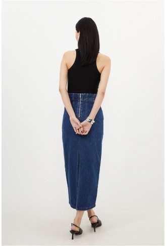 Corset Waist Denim Midi Skirt