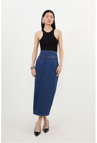 Corset Waist Denim Midi Skirt