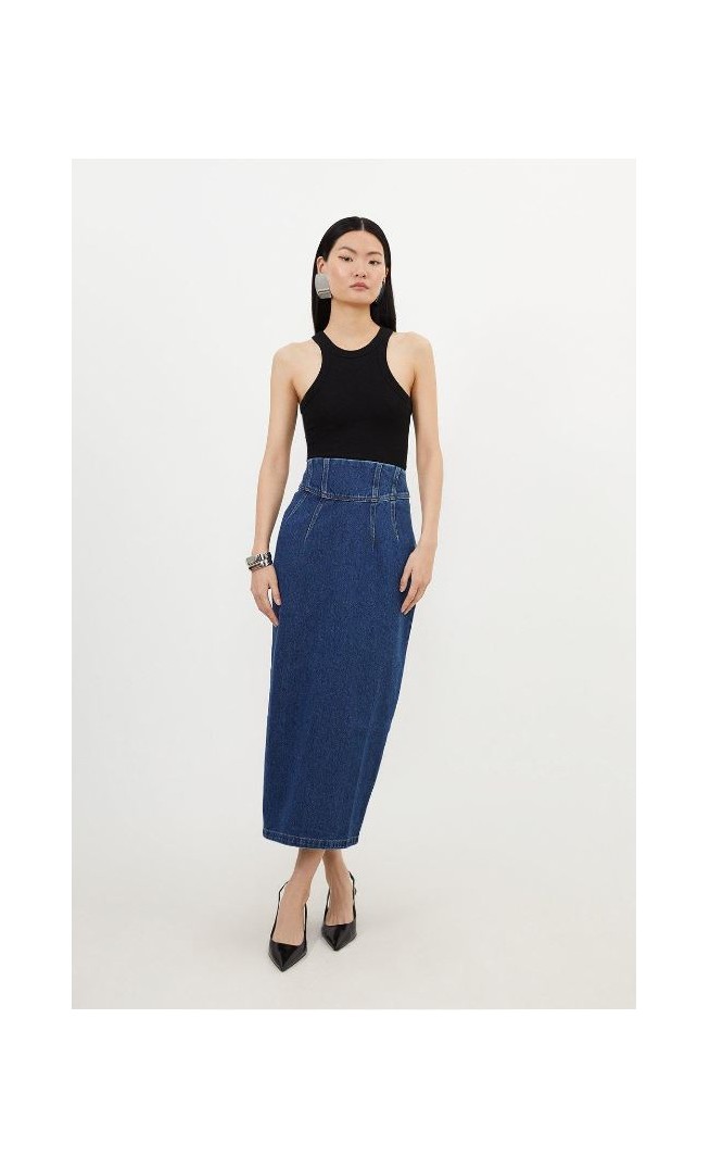 Corset Waist Denim Midi Skirt