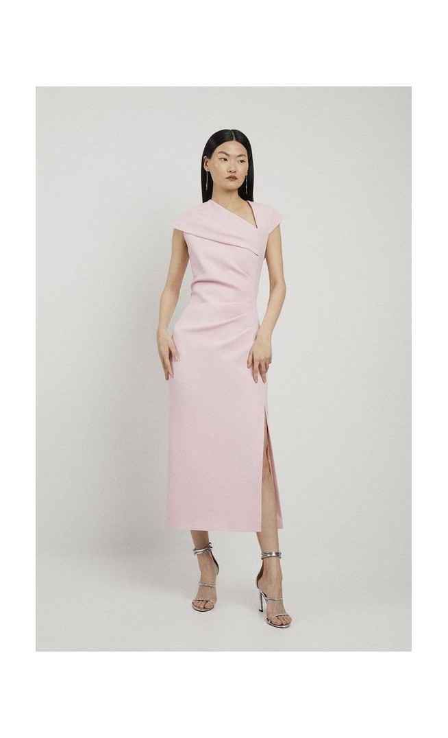 Petite Structured Crepe Asymmetric Neck Midi Dress