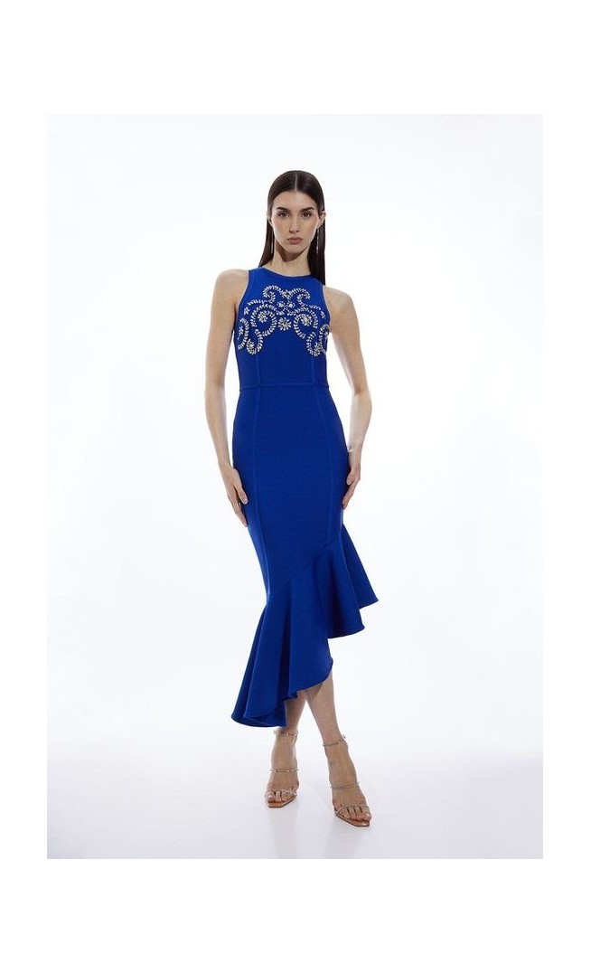 Figure Form Bandage Embellished Asymmetric Hem Knit Dress