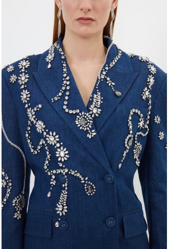 Embellished Denim Double Breasted Blazer Mini Dress