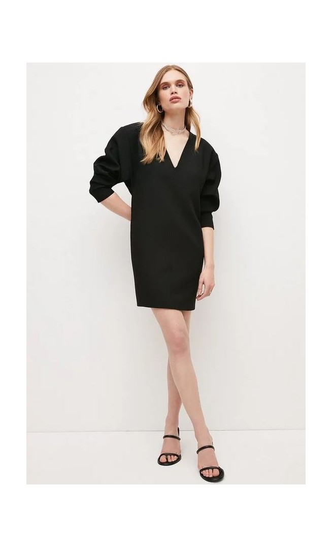 Compact Stretch Sleeved V Neck Pencil Mini Dress