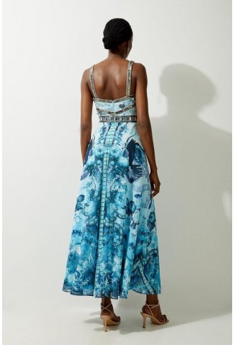 Petite Mirrored Floral Bead And Embroidered Woven Strappy Maxi