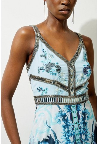 Petite Mirrored Floral Bead And Embroidered Woven Strappy Maxi