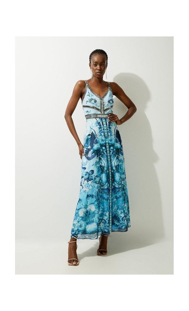 Petite Mirrored Floral Bead And Embroidered Woven Strappy Maxi