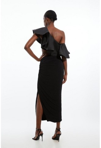 Ruffle Ponte And Cotton Mix Jersey Cut Out Maxi Dress