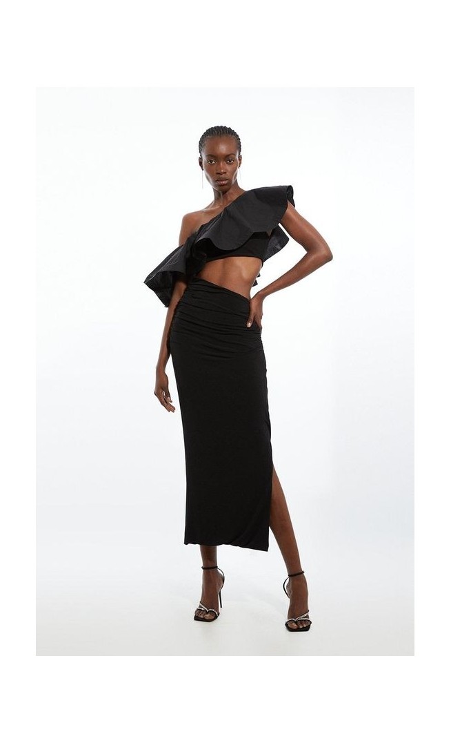 Ruffle Ponte And Cotton Mix Jersey Cut Out Maxi Dress