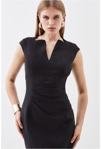 Black Compact Stretch Tailored Envelope Neck Pencil Midi Dress