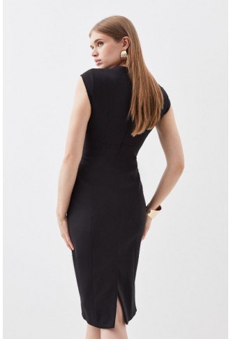 Black Compact Stretch Tailored Envelope Neck Pencil Midi Dress