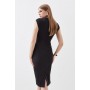 Black Compact Stretch Tailored Envelope Neck Pencil Midi Dress