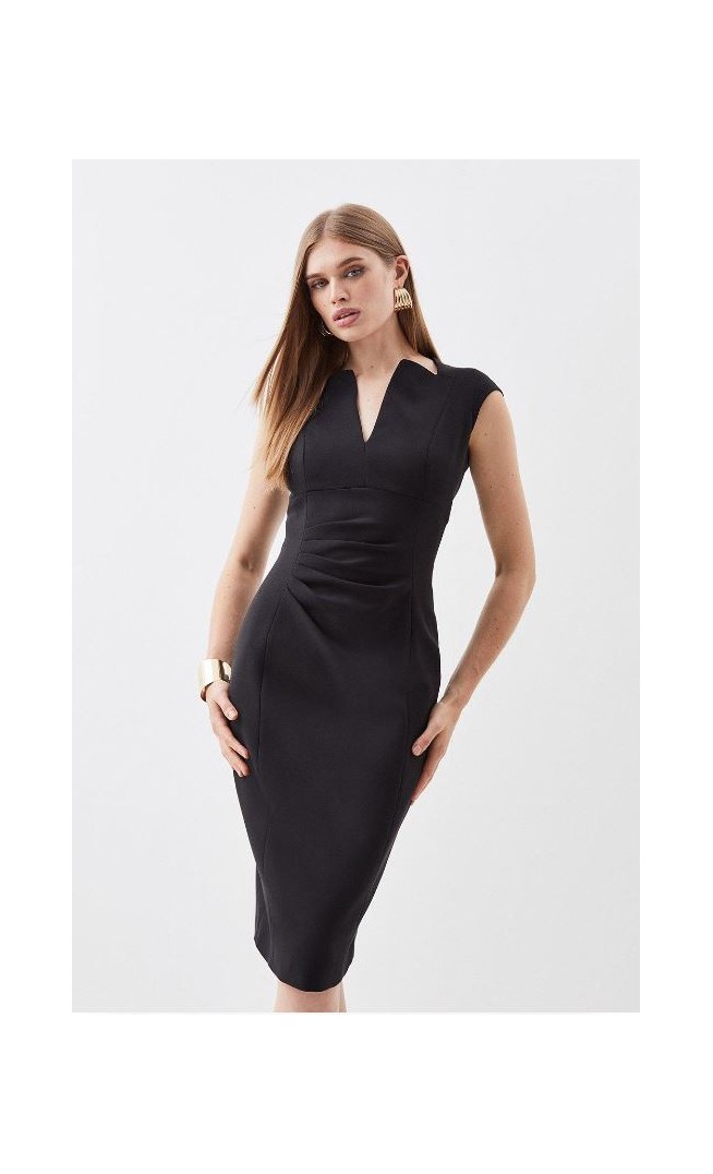 Black Compact Stretch Tailored Envelope Neck Pencil Midi Dress