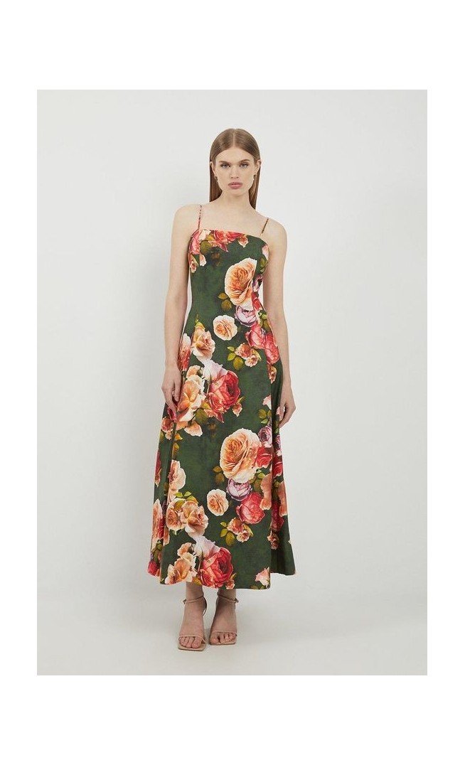 Petite Lydia Millen Floral Printed Linen Woven Strappy Maxi Dress