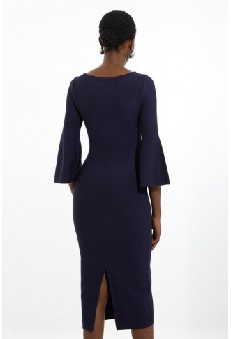 Petite Viscose Blend Look Knit Midi Dress With Fluted Sleeve