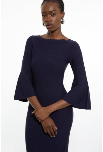 Petite Viscose Blend Look Knit Midi Dress With Fluted Sleeve