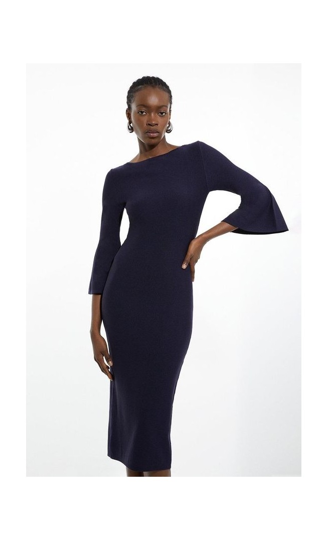 Petite Viscose Blend Look Knit Midi Dress With Fluted Sleeve