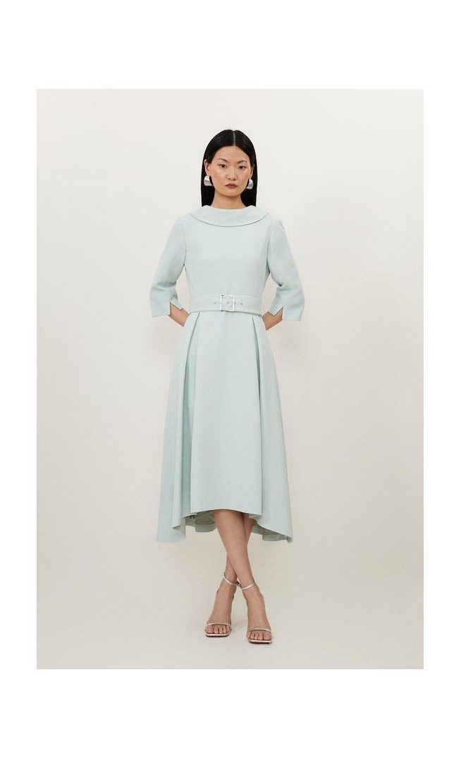 Structured Crepe Roll Neck Dip Hem Midi Dress