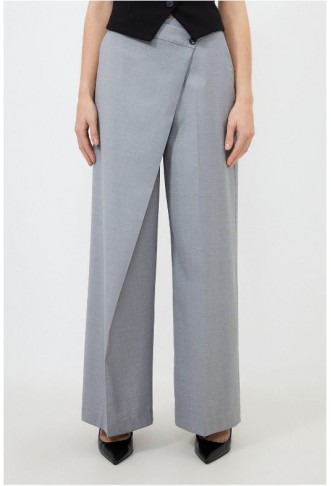 Grey Tailored Wool Blend Wrap Detail Wide Leg Trousers