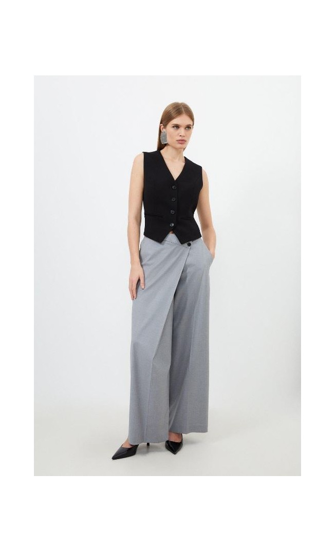 Grey Tailored Wool Blend Wrap Detail Wide Leg Trousers