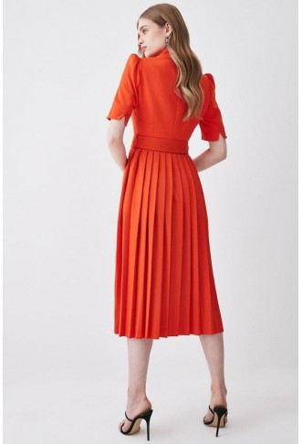 Tailored Structured Crepe Forever Pleat Belted Midi Dress