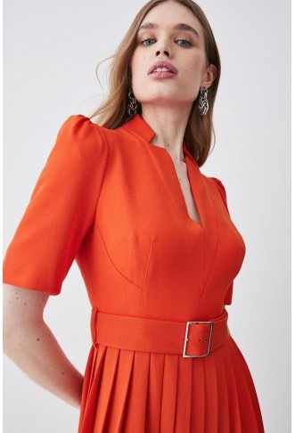 Tailored Structured Crepe Forever Pleat Belted Midi Dress