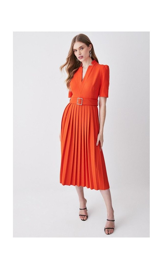 Tailored Structured Crepe Forever Pleat Belted Midi Dress