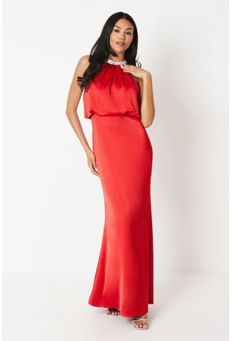 Trim Halter Satin Maxi Dress