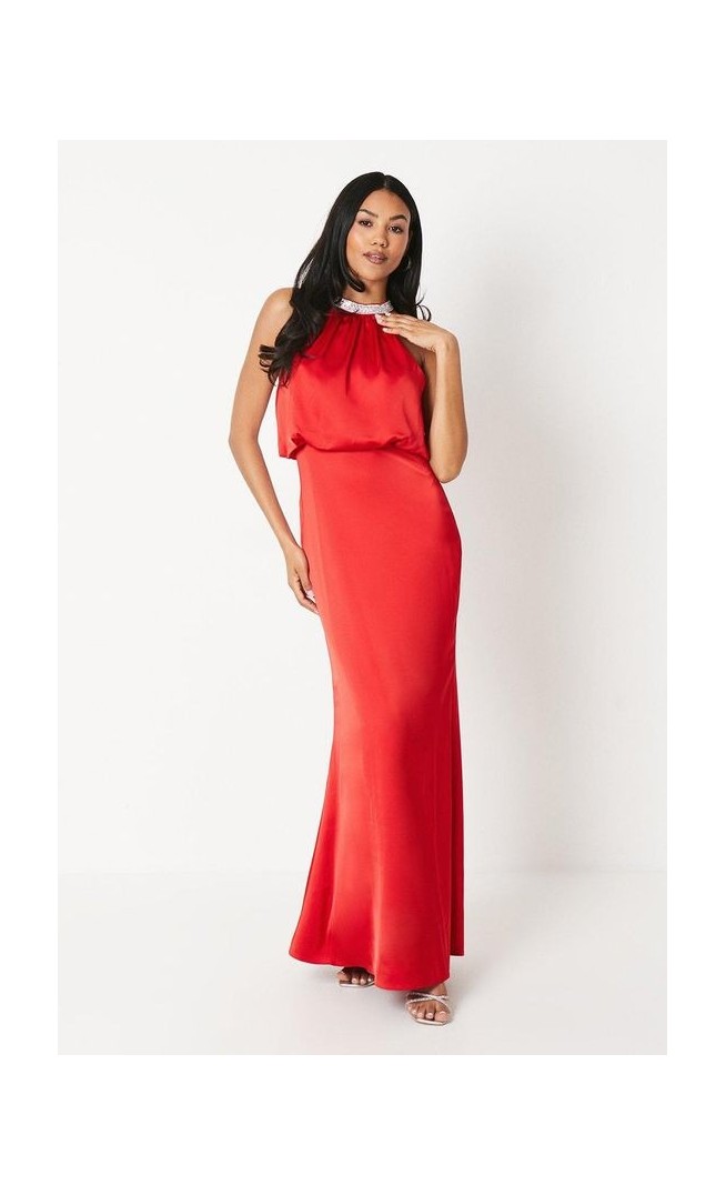 Trim Halter Satin Maxi Dress