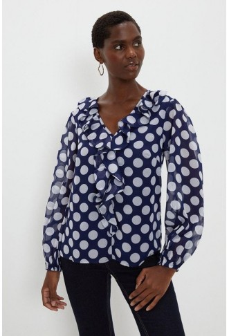 Navy Polka Dot Frill Front Top