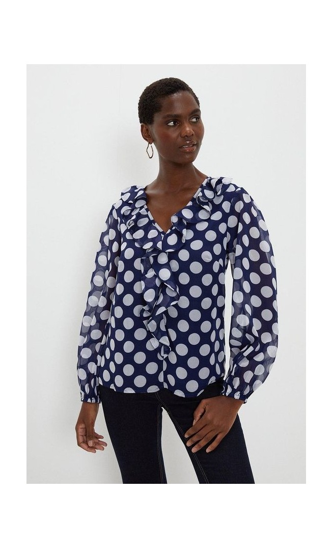 Navy Polka Dot Frill Front Top